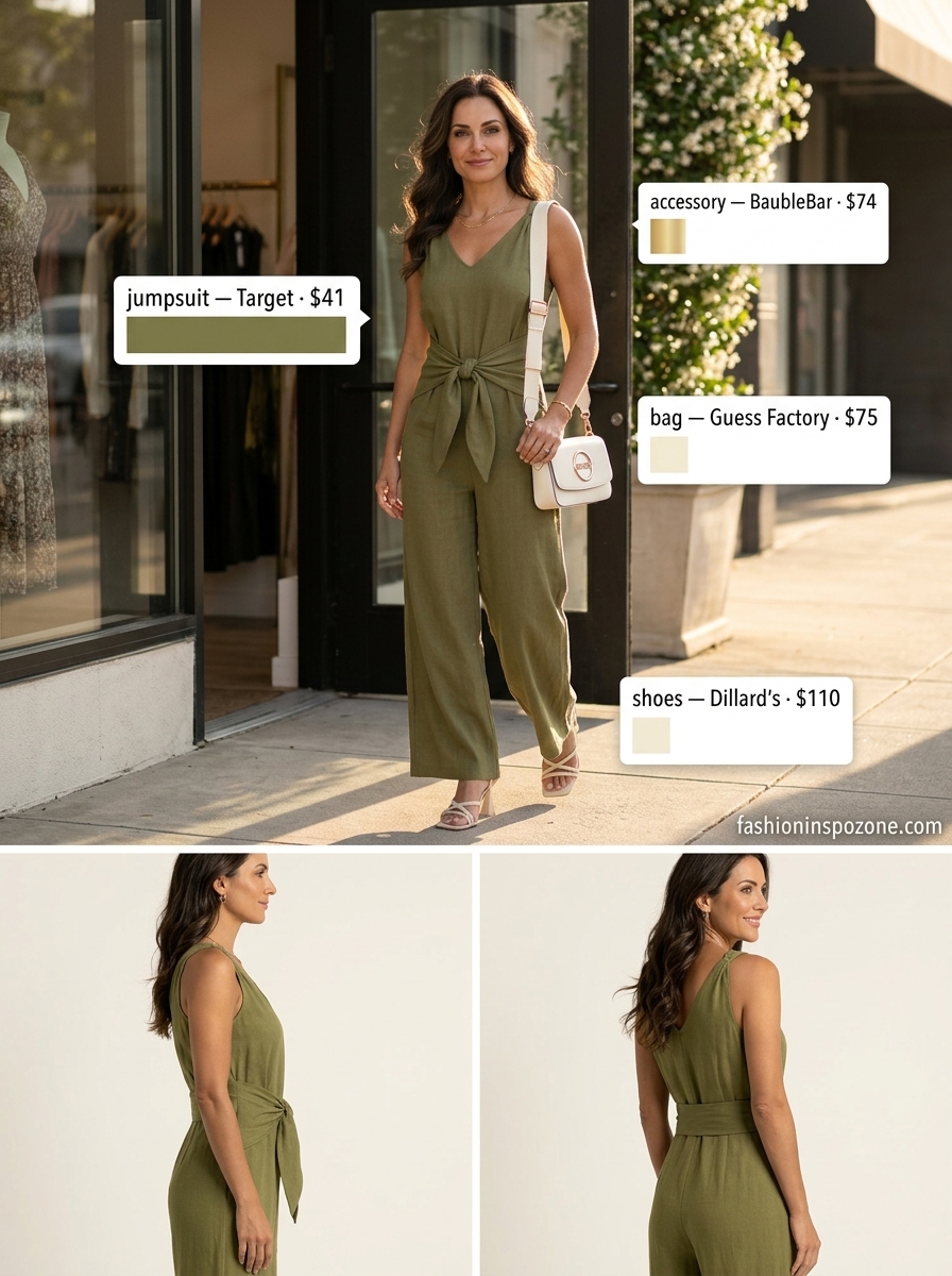 Elegant summer outfit for women over 40 2026: Olive green linen wide-leg jumpsuit with heeled sandals.