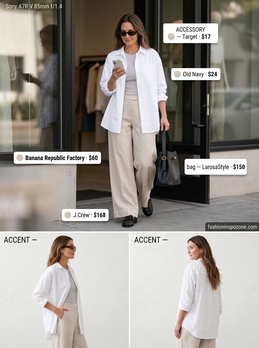 Elegant summer outfit for women over 40 2026: Beige linen pants, white shirt, black loafers, structured tote.