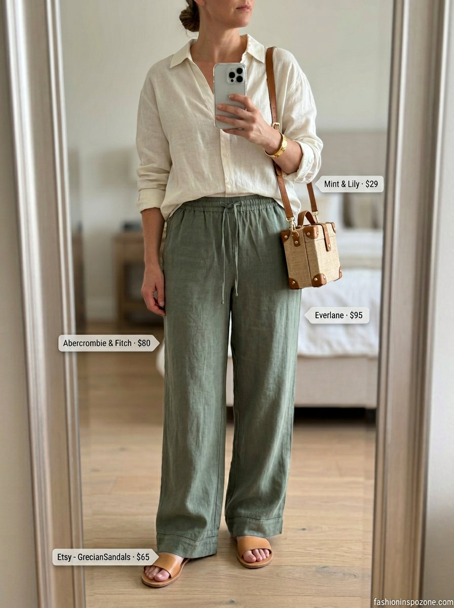 Elegant summer outfit for women over 40 2026: Olive green linen wide-leg pants & top set with sandals.