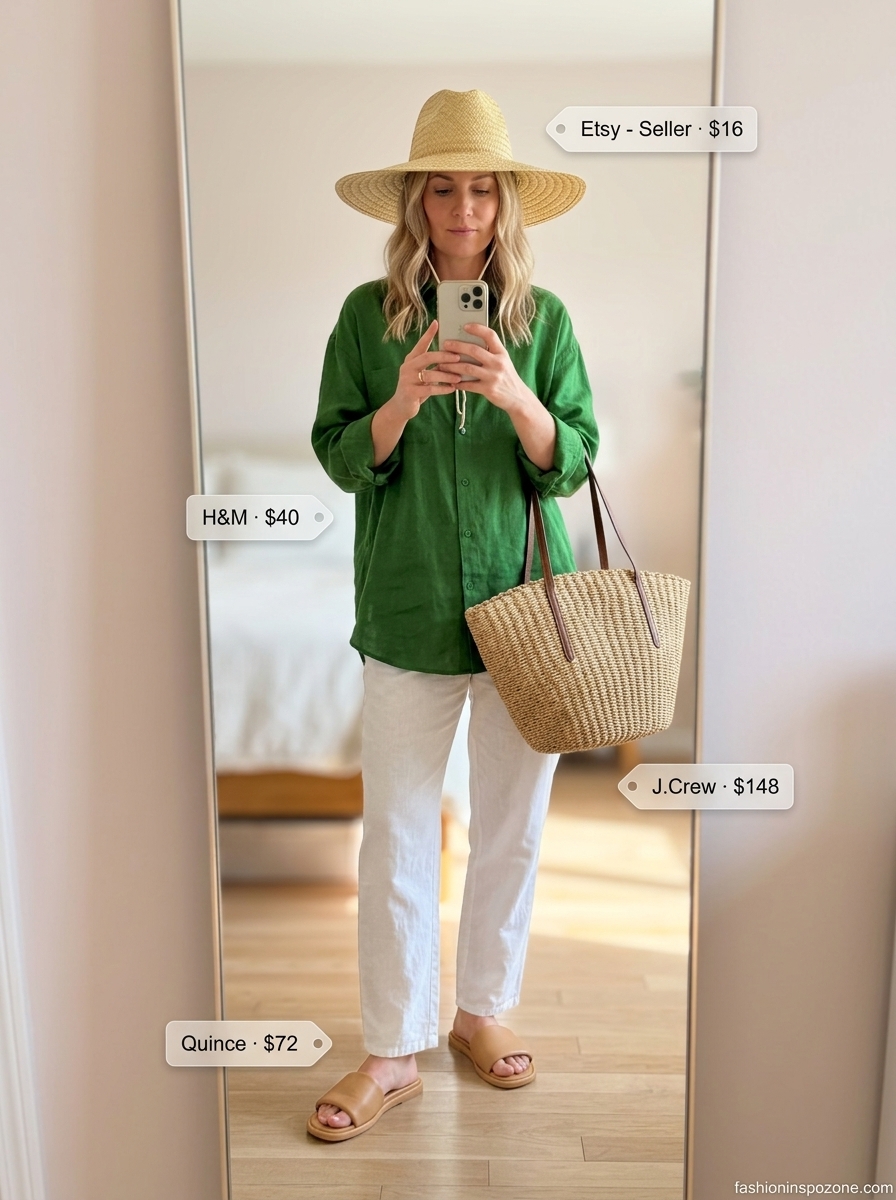 Elegant summer outfit for women over 40 2026: Sage green linen shirt, straw hat, straw tote, leather sandals.