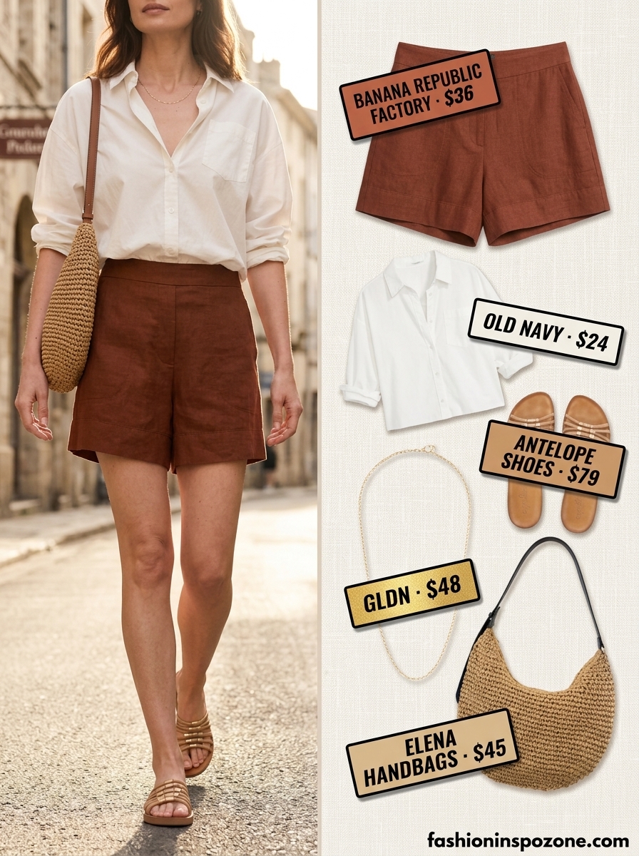 Elegant summer outfit for women over 40 2026: Camel linen shorts, oversized ivory shirt, sandals.