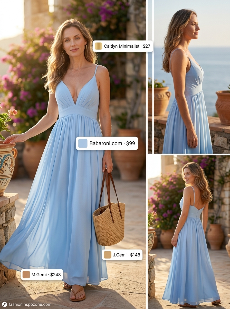 Elegant summer outfit for women over 40 2026: Sky blue flowy maxi dress, leather sandals, straw tote.