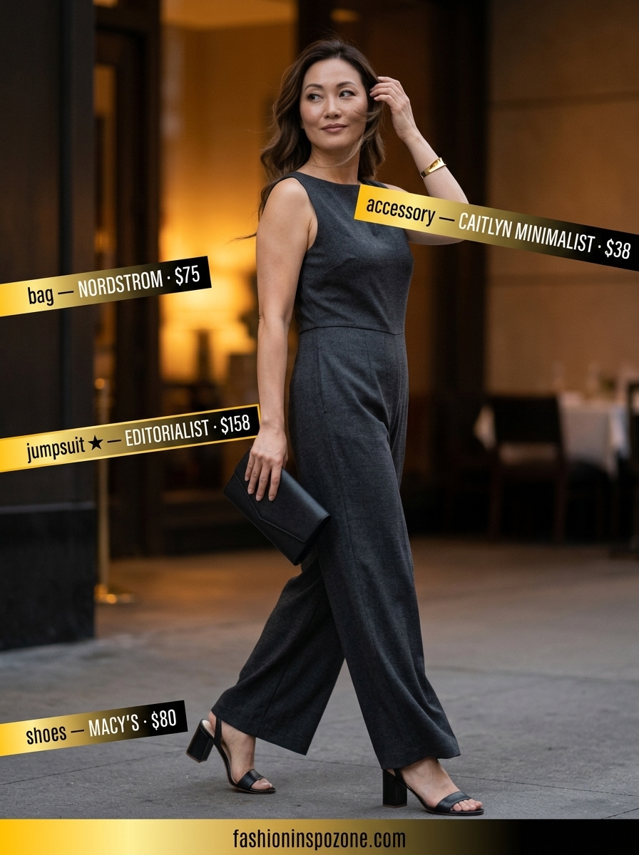 Elegant summer outfit for women over 40 2026: Charcoal grey wide-leg jumpsuit, block heels, clutch.