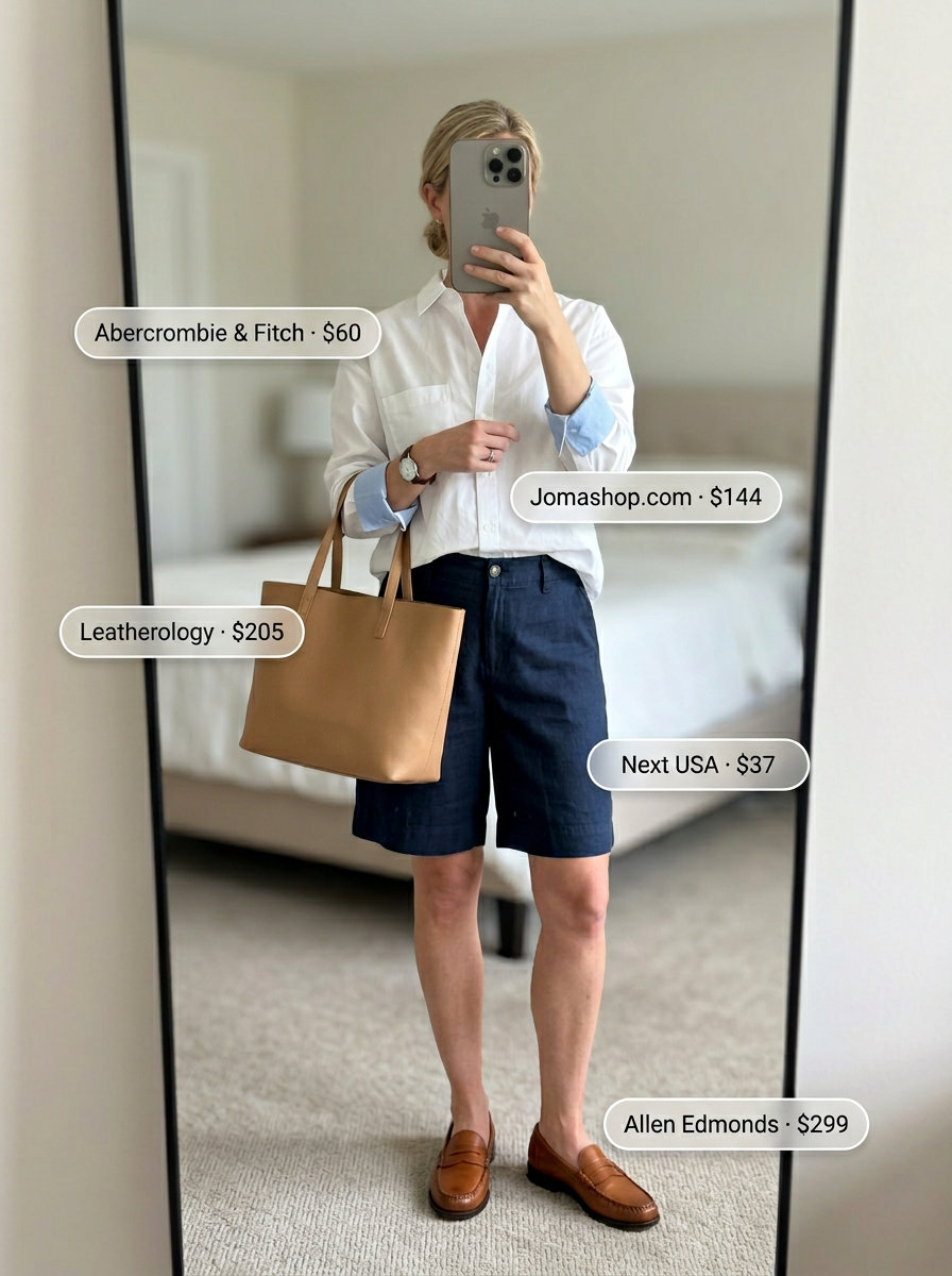 Elegant summer outfit for women over 40 2026: Navy Bermuda shorts, white shirt, tan loafers, structured tote.