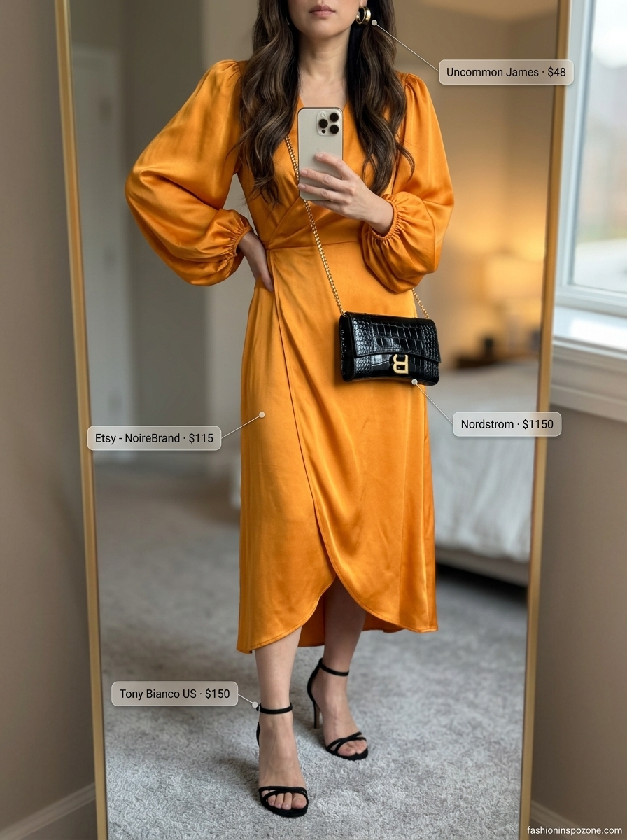 Elegant summer outfit for women over 40 2026: Mango orange wrap dress, black heeled sandals, gold hoops.