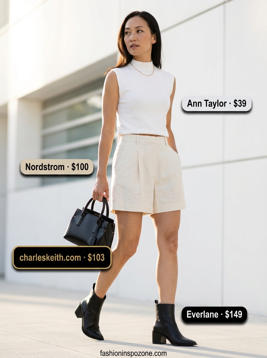 Elegant summer outfit for women over 40 2026: Beige trench coat, black mock neck top, tailored shorts, ankle boots.