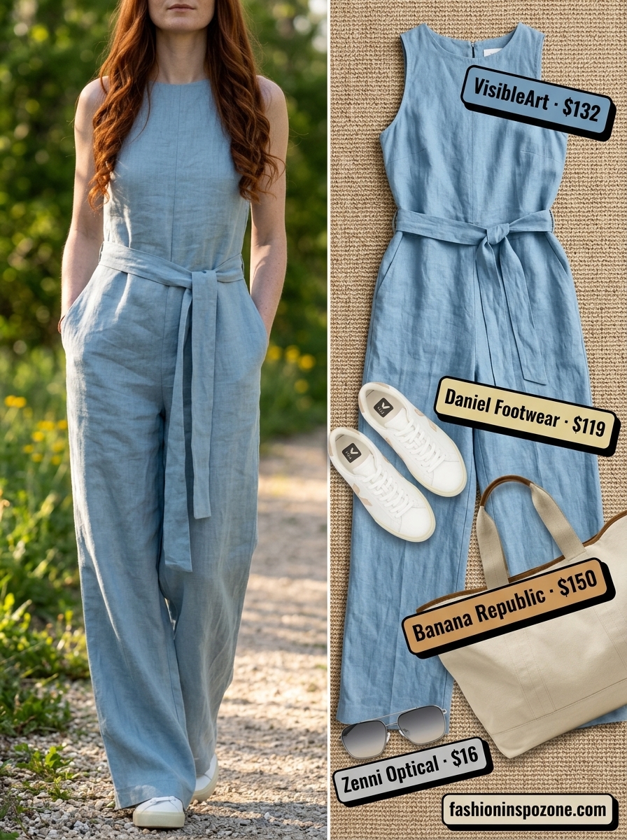 Relaxed summer outfit for women over 40 2026: Sky blue linen jumpsuit, white sneakers, canvas tote, aviator sunglasses.