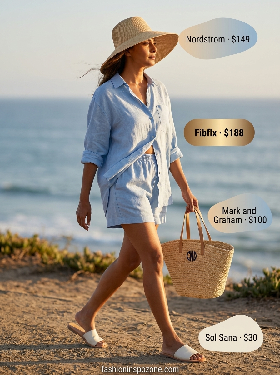 Relaxed summer outfit for women over 40 2026: Sky blue linen set, straw tote, white slides, straw hat.