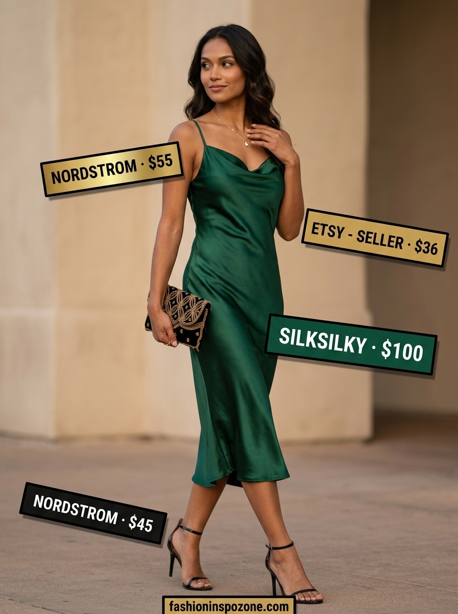 Sophisticated summer outfit for women over 40 2026: Emerald green slip dress, black heels, embellished clutch, gold necklace.