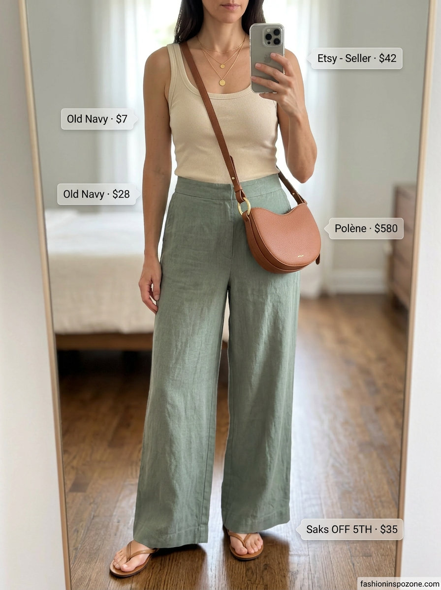 Chic summer outfit for women over 40 2026: Sage green linen pants, cream tank, gold necklaces, cognac crossbody bag.