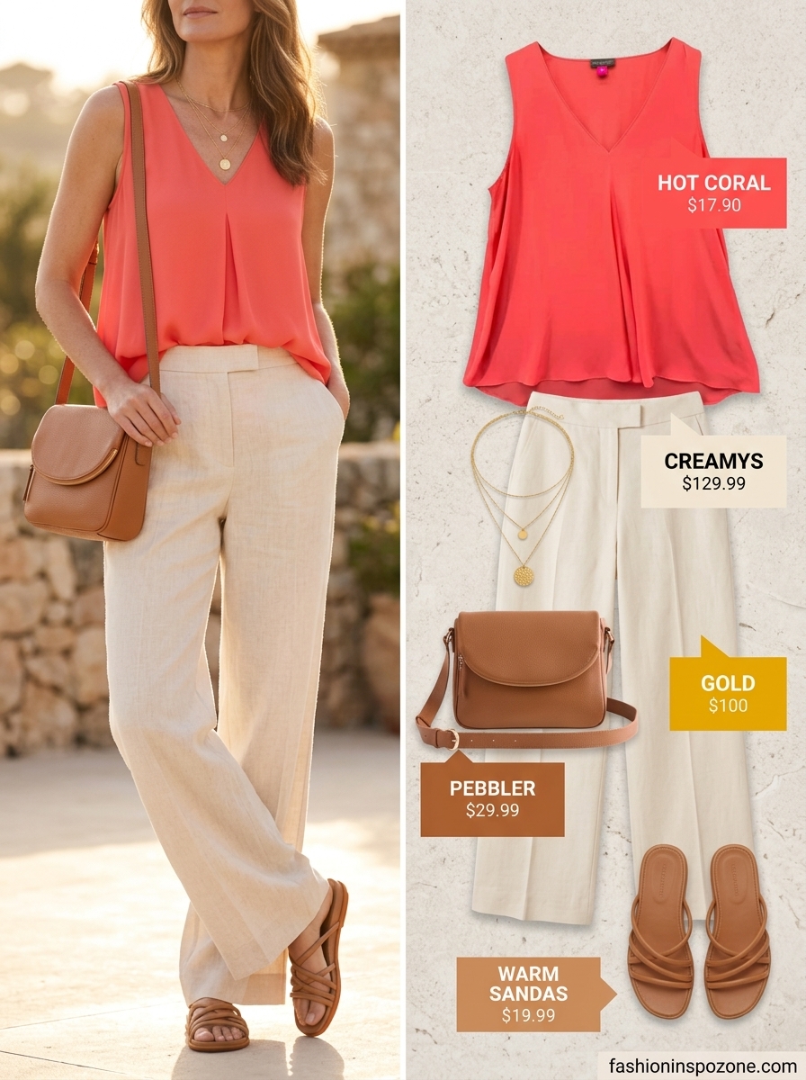 Effortless summer outfit for women over 40 2026: Cream linen pants, coral blouse, tan slides, cognac crossbody, gold necklaces.