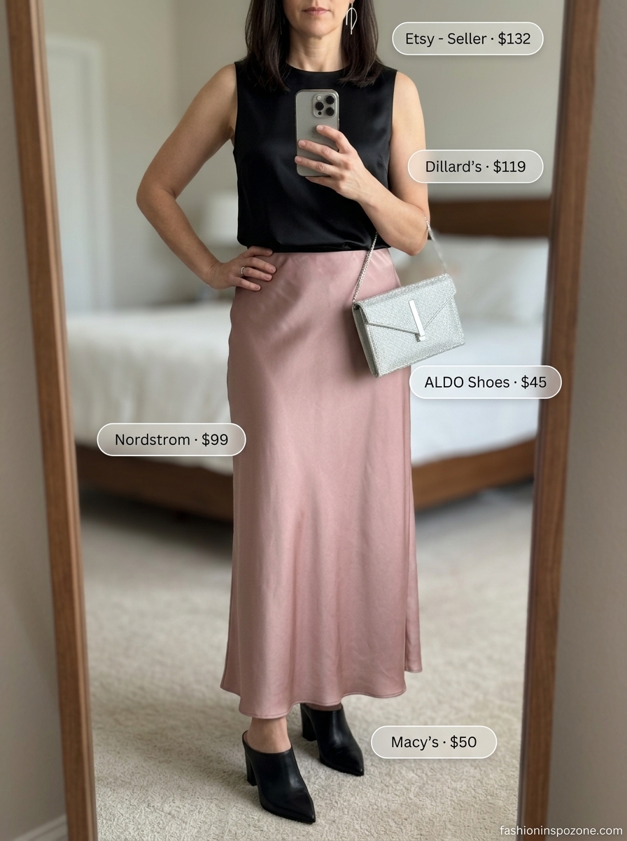 Elegant summer outfit for women over 40 2026: Blush pink midi skirt, black top, block heels, silver clutch & earrings.