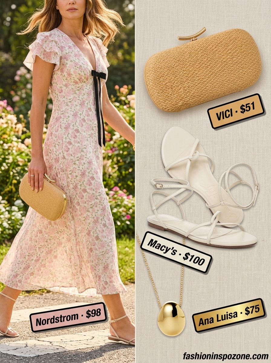 Romantic summer outfit for women over 40 2026: Pastel floral maxi dress, gold necklace, straw clutch, flat sandals.