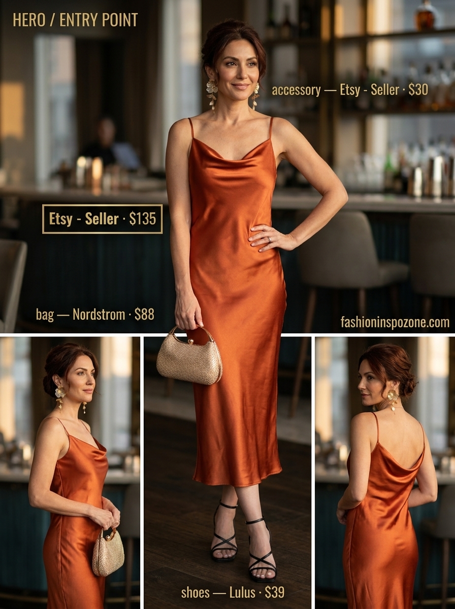 Alluring summer outfit for women over 40 2026: Coral satin slip dress, black heels, embellished clutch, gold earrings.