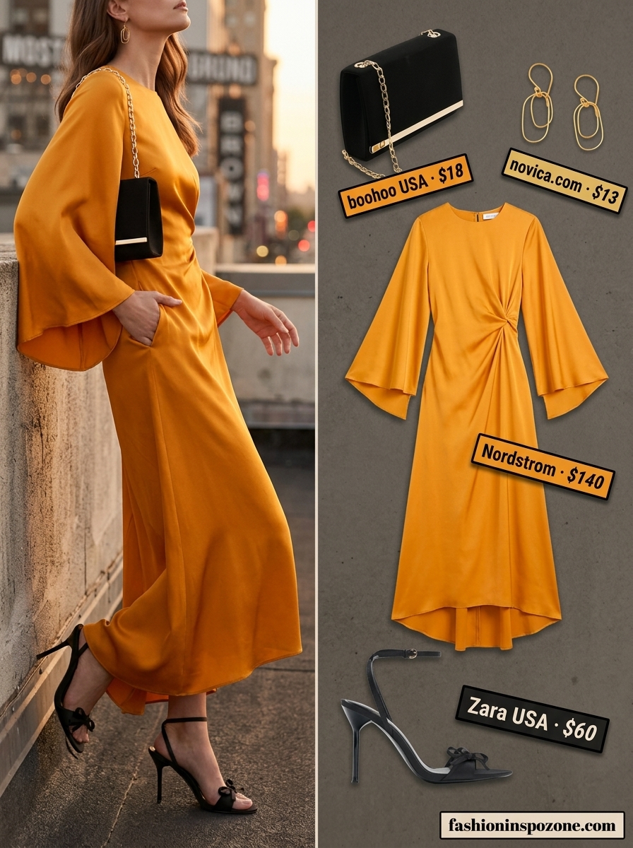 Confident summer outfit for women over 40 2026: Mango orange wrap dress, black heels, clutch, gold earrings.