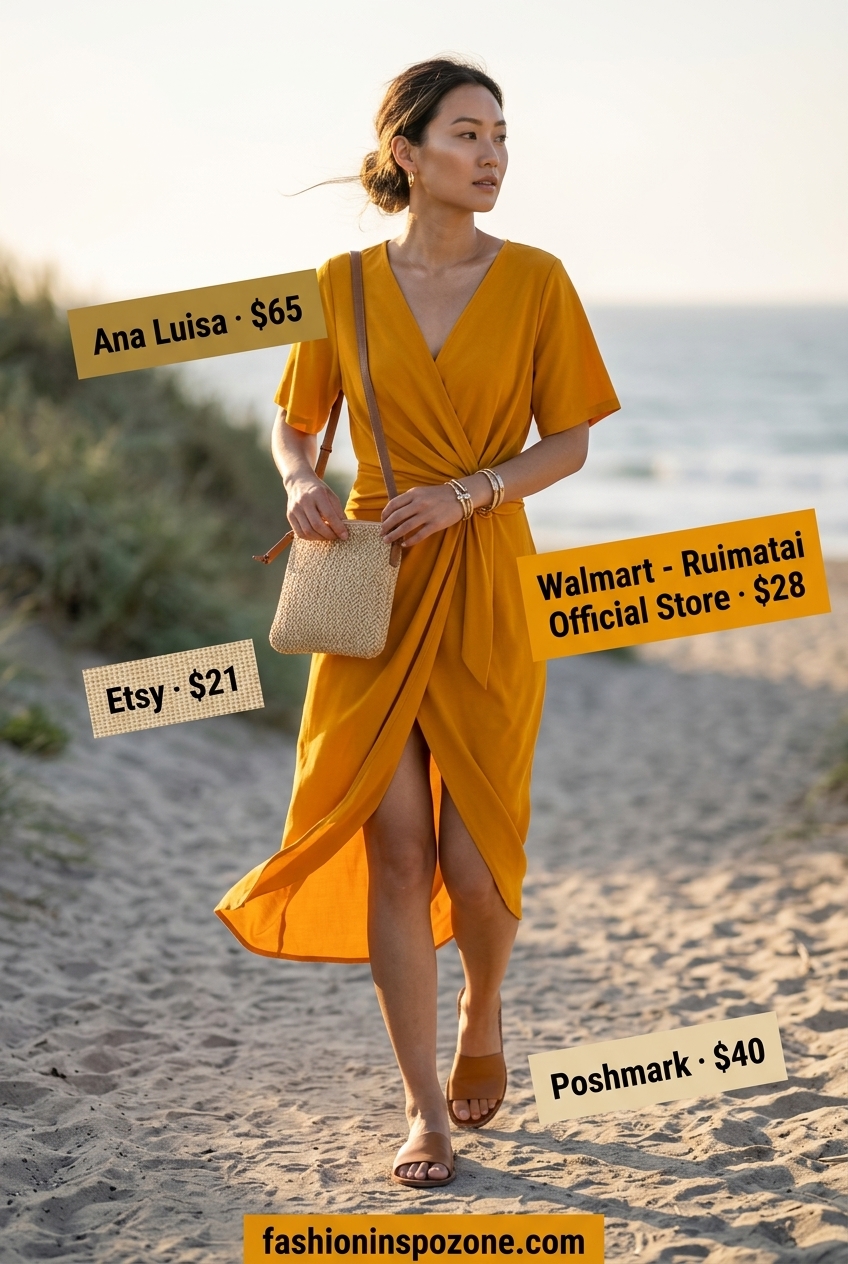 Burnt orange wrap dress outfit for a beach bonfire, with leather slides and a straw crossbody bag. Flattering summer wrap dress outfits 2026.