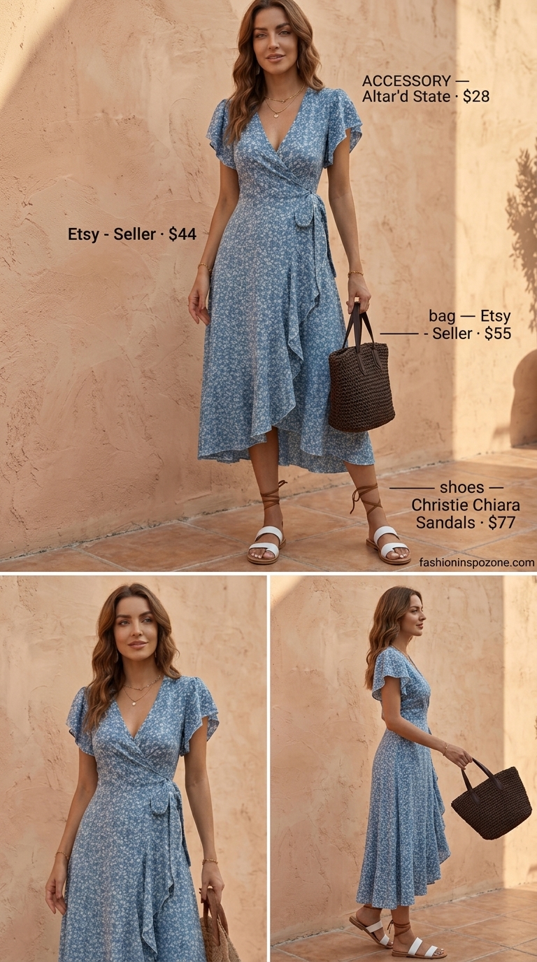 Relaxed blue floral midi wrap dress for beach casual and summer brunch 2026. Straw tote, flat sandals.
