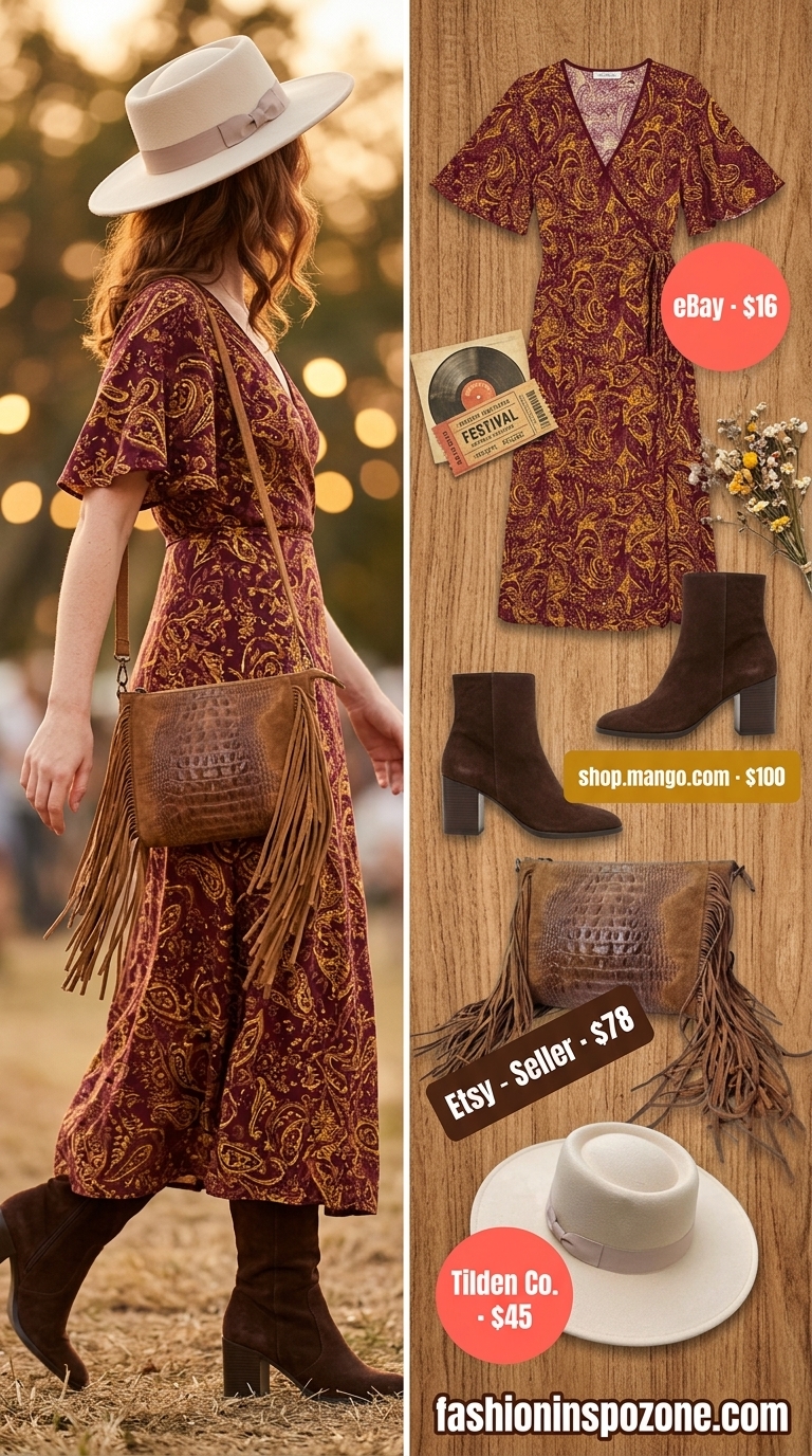 Bohemian Rhapsody Maxi: Flattering summer wrap dress outfits 2026 with paisley print for festivals.