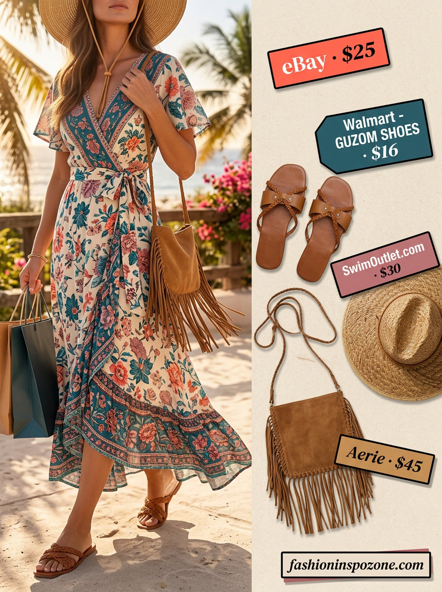 Boho floral maxi wrap dress outfit for a festival, with fringe bag, strappy sandals, and straw hat. Flattering summer wrap dress outfits 2026.