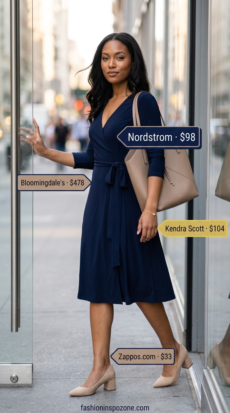 City Summer Chic: Flattering summer wrap dress outfits 2026 in navy blue for business casual.