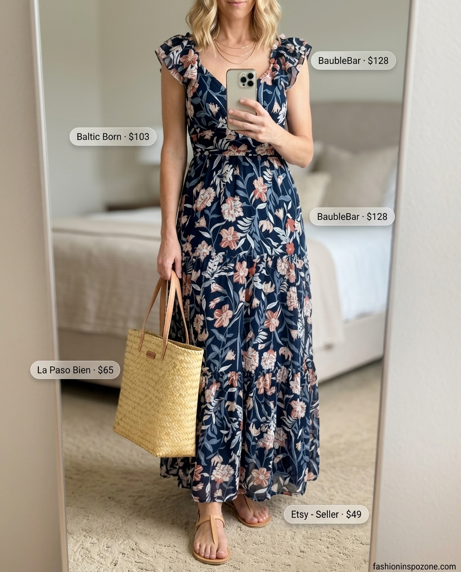 Coastal Breeze Maxi: Flattering summer wrap dress outfits 2026 with floral print for vacation.