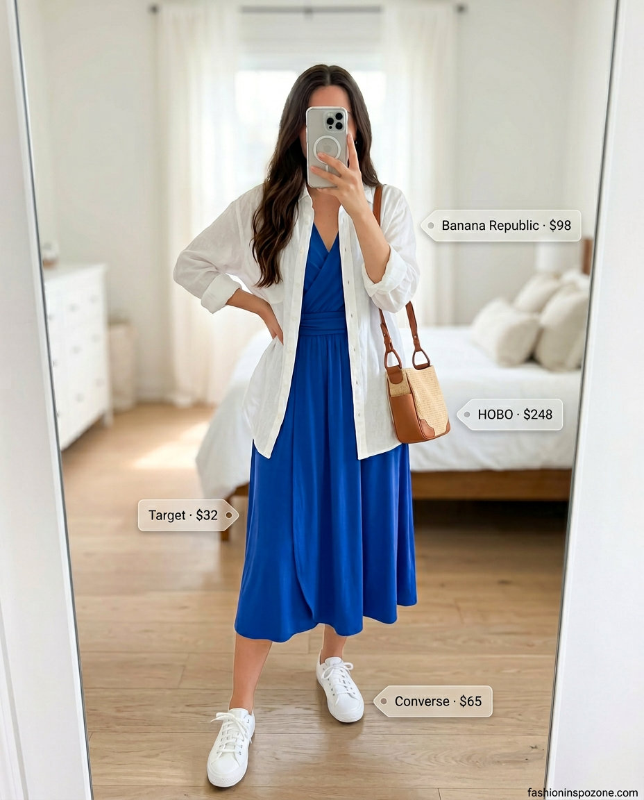 Chic cobalt blue linen wrap dress for daytime sightseeing and casual events 2026. White sneakers, linen shirt.