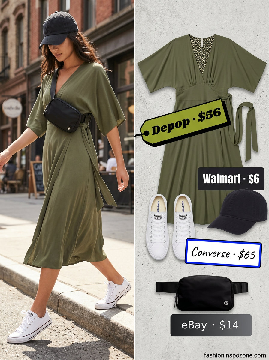Comfortable olive green cotton wrap dress for errands and casual outings 2026. Sneakers, baseball cap.