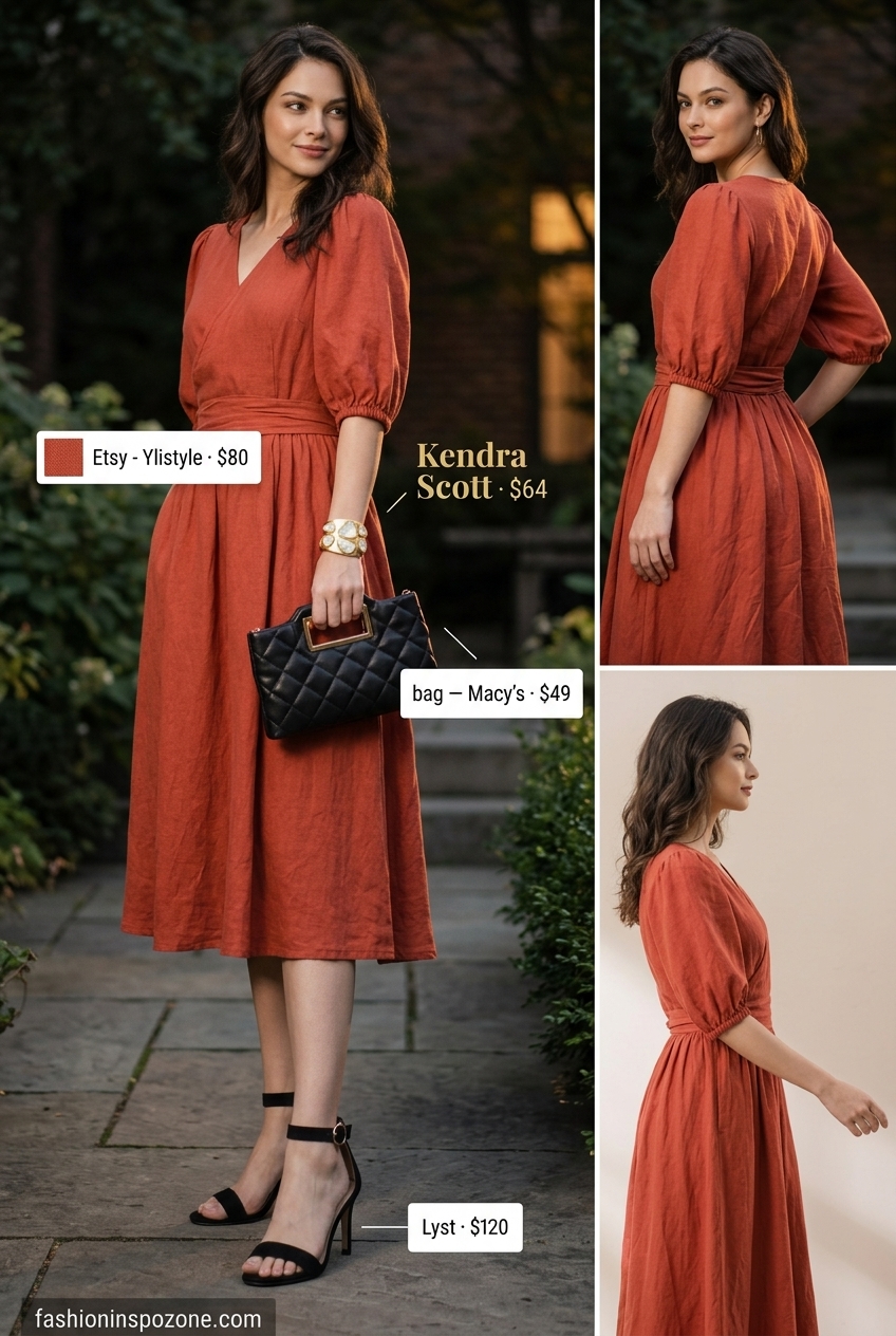 Sophisticated terracotta linen wrap dress for evening events and cocktail parties 2026. Strappy sandals, statement cuff.