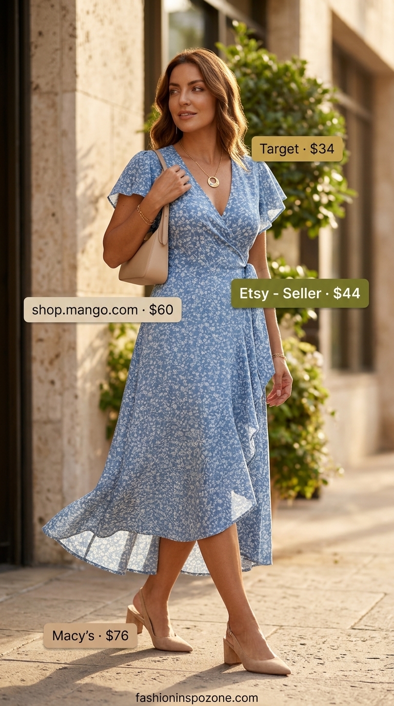 Pastel floral wrap dress outfit for a garden party, with block heels and a structured bag. Flattering summer wrap dress outfits 2026.