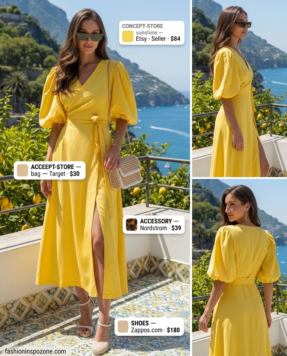 Flattering yellow cotton wrap dress for garden parties and summer weddings 2026. Beige espadrilles, straw bag.
