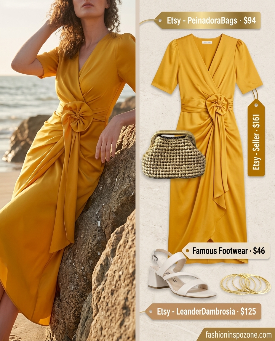 Golden Hour Glow: Flattering summer wrap dress outfits 2026 in goldenrod yellow satin for events.