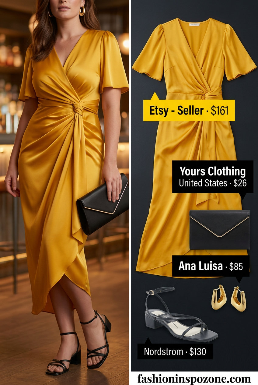 Golden Hour Glow: Flattering summer wrap dress outfits 2026 in golden yellow satin for date night.