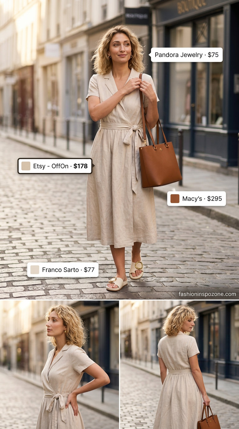 Beige linen wrap dress outfit for casual chic weekends, with leather slides and a structured tote. Flattering summer wrap dress outfits 2026.