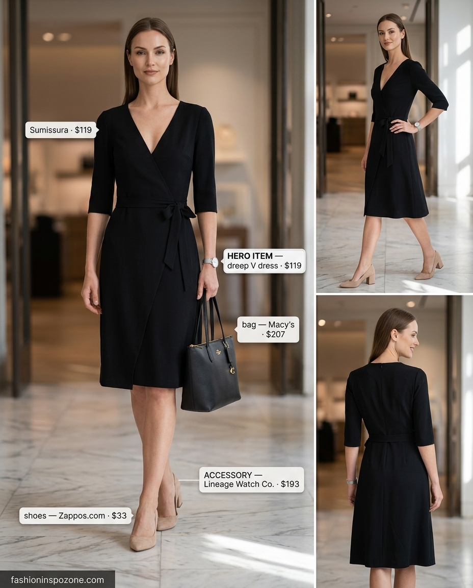 Professional black wrap dress for office and business casual 2026. Nude pumps, structured tote.