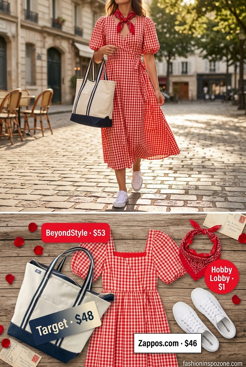 Picnic Perfect Midi: Flattering summer wrap dress outfits 2026 in red gingham for casual outings.