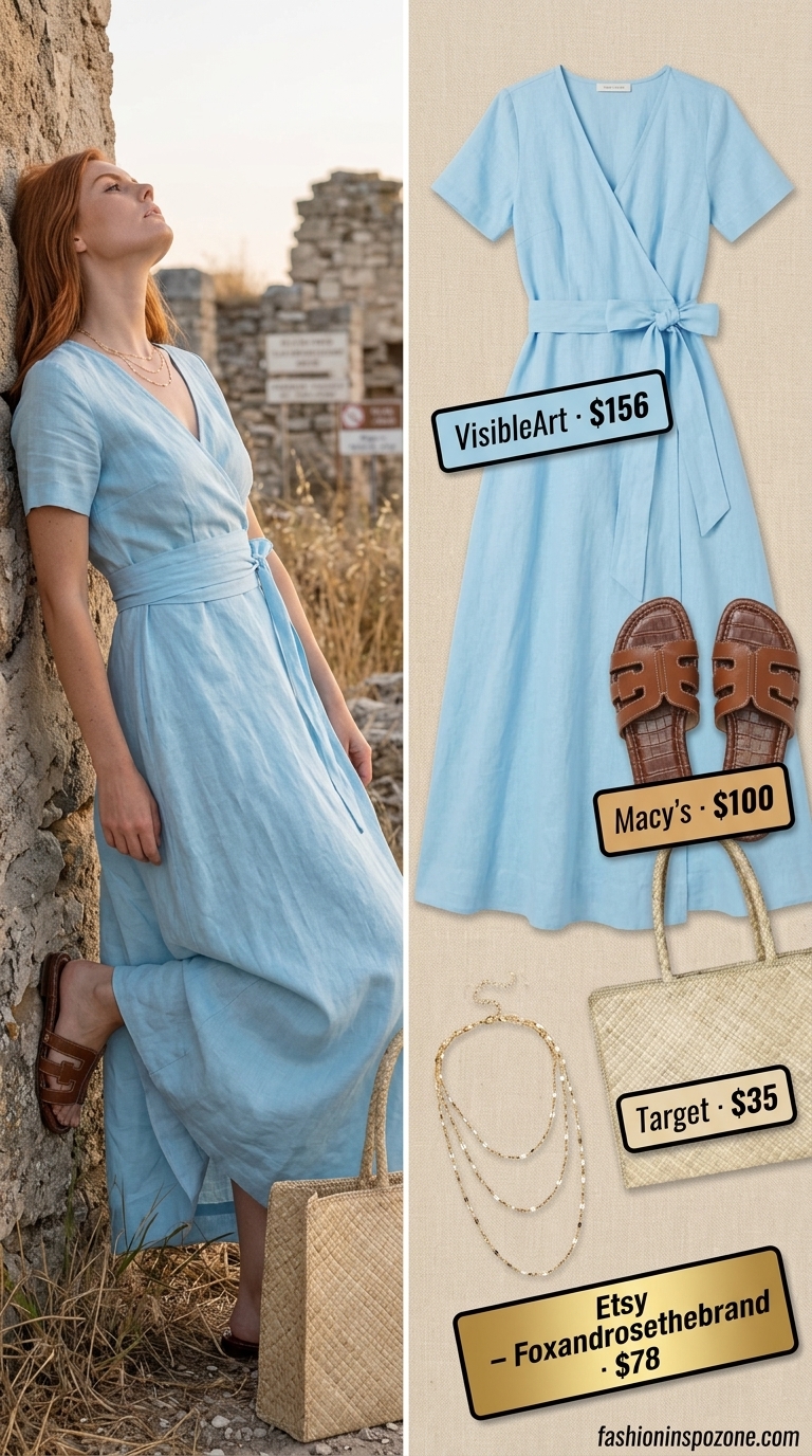 Sky blue maxi wrap dress outfit for a seaside day, with flat sandals and a straw tote. Flattering summer wrap dress outfits 2026.