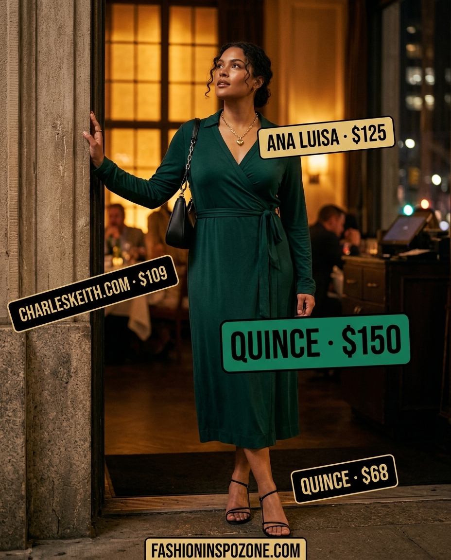 Emerald green wrap dress outfit for summer date night, with strappy heels and a chain bag. Flattering summer wrap dress outfits 2026.