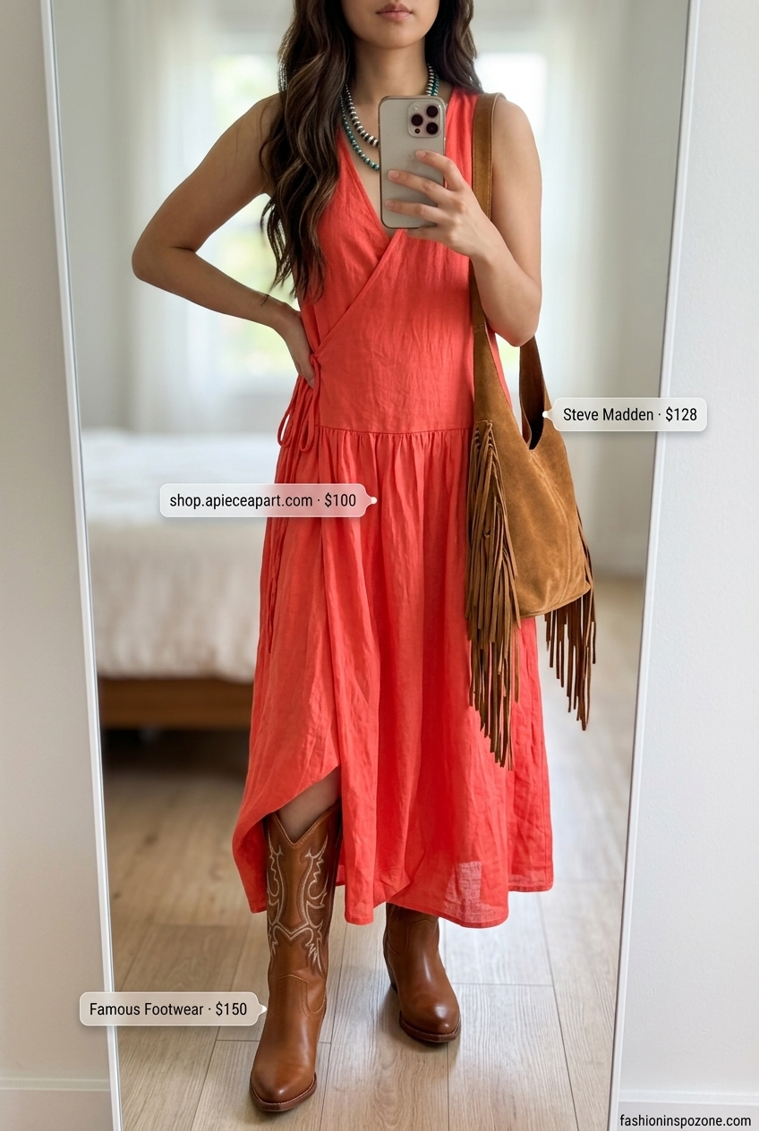 Summer Festival Chic: Flattering summer wrap dress outfits 2026 in coral for festivals.