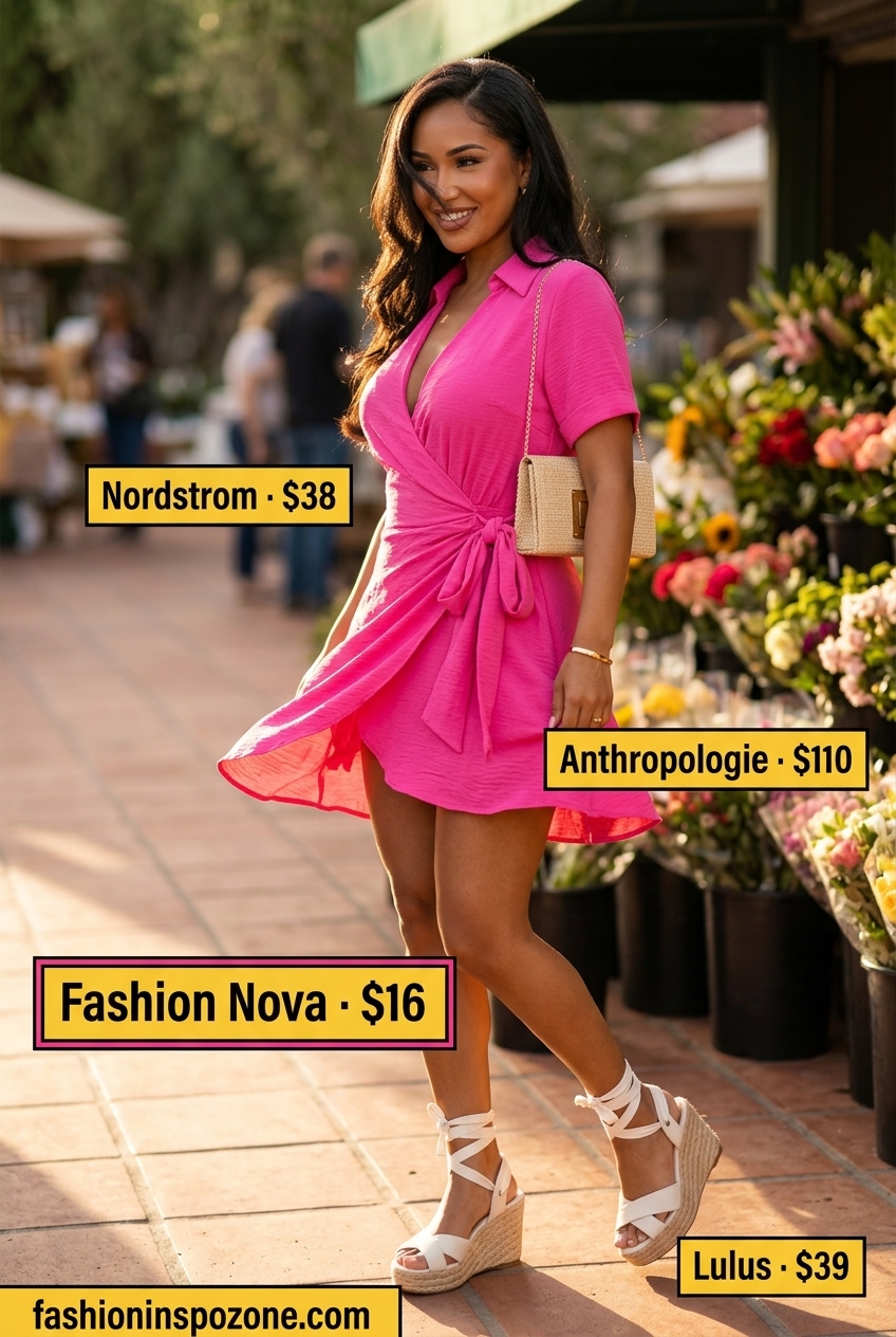 Hot pink wrap dress outfit for a summer evening cruise, paired with espadrilles and a straw clutch. Flattering summer wrap dress outfits 2026.