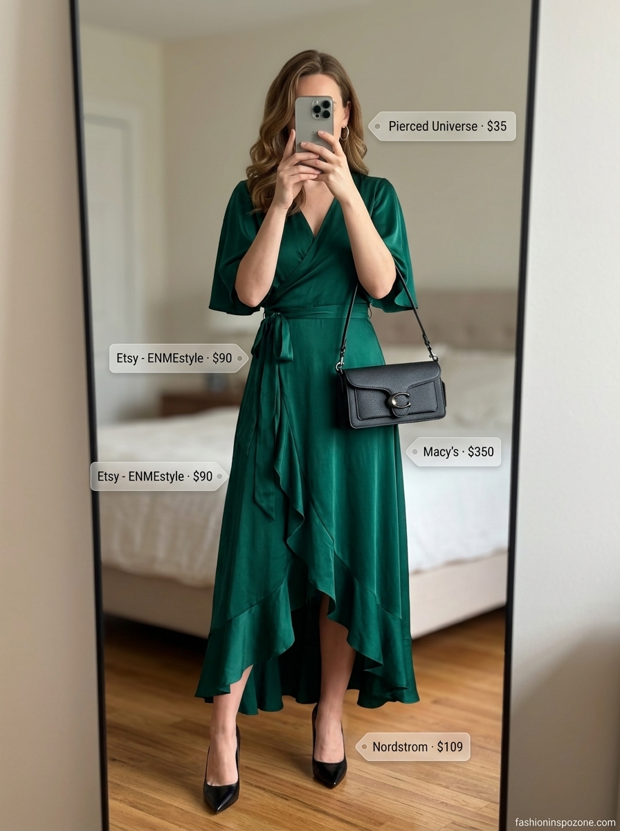 Urban Chic Midi: Flattering summer wrap dress outfits 2026 in emerald green for work.