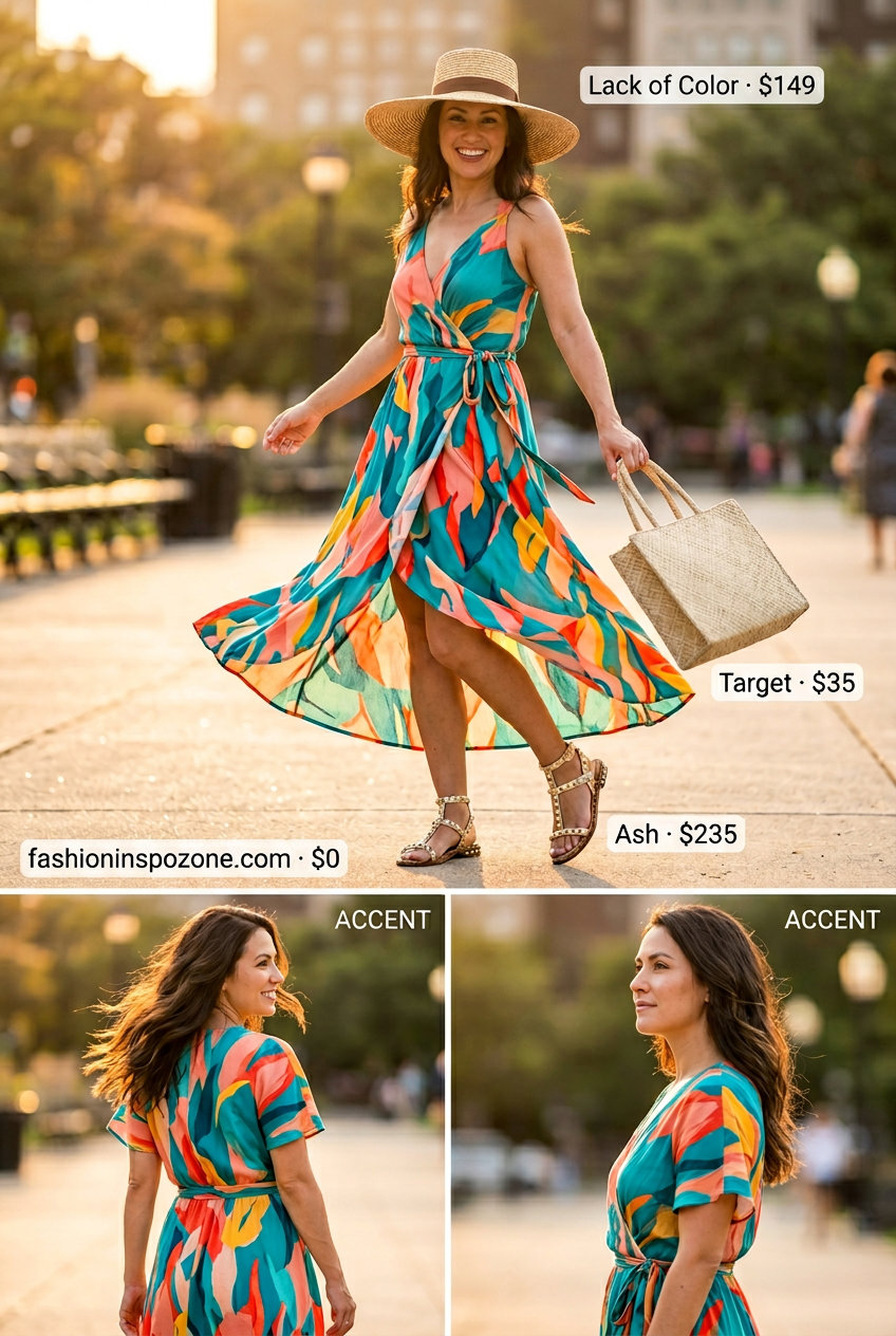 Vacation Ready: Flattering summer wrap dress outfits 2026 with abstract print, straw hat, and tote for resort wear.