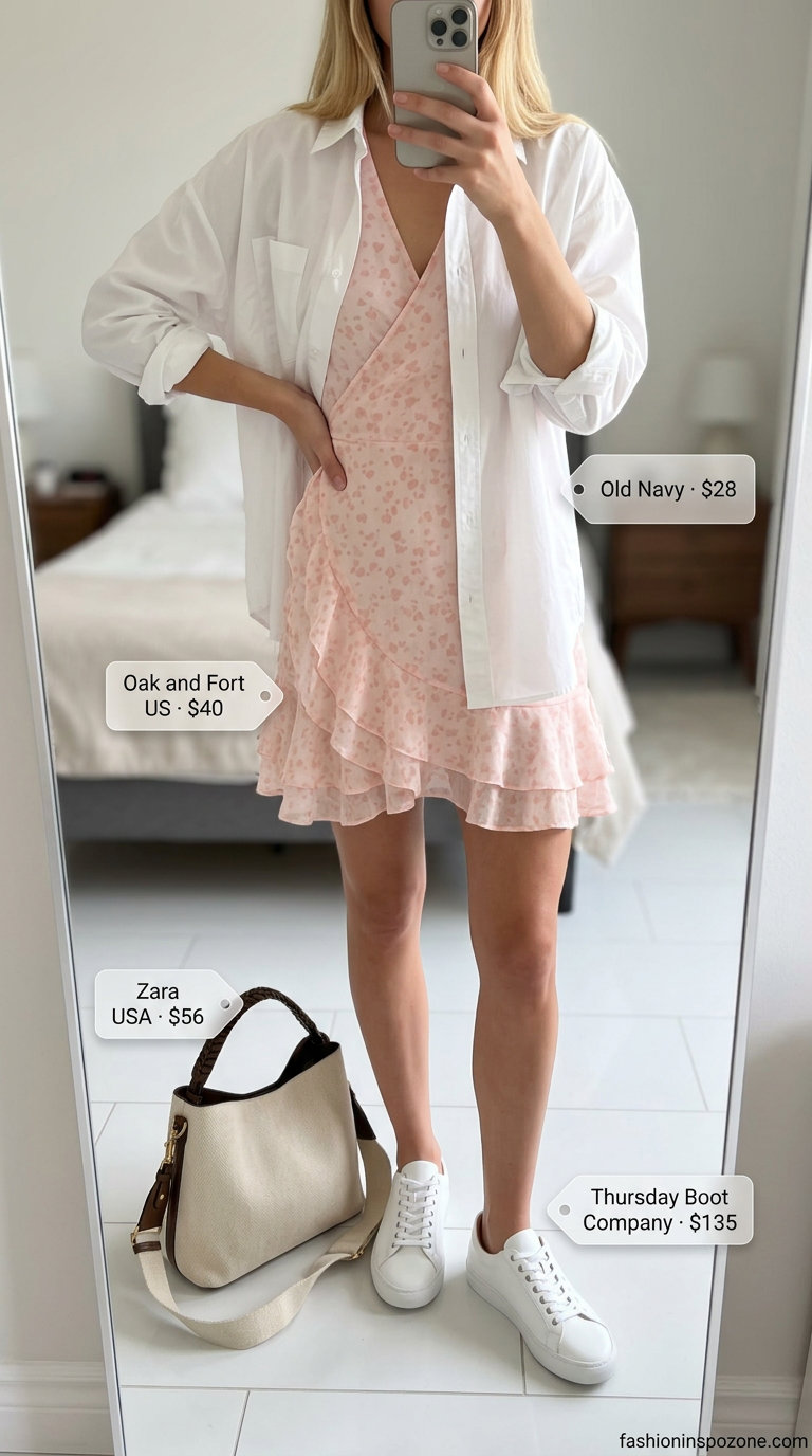 Playful pastel pink floral mini wrap dress for weekend brunch 2026. White sneakers, oversized shirt.