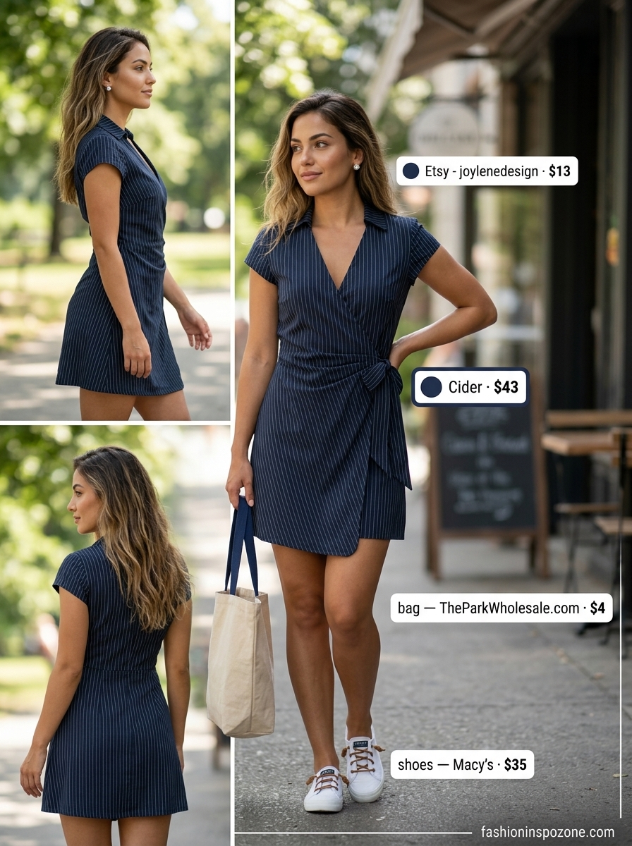 Navy and white striped wrap dress outfit for weekend casual, with canvas sneakers and tote. Flattering summer wrap dress outfits 2026.