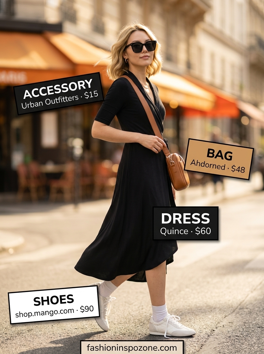 Black midi wrap dress outfit for a weekend getaway, with sneakers, crossbody bag, and sunglasses. Flattering summer wrap dress outfits 2026.