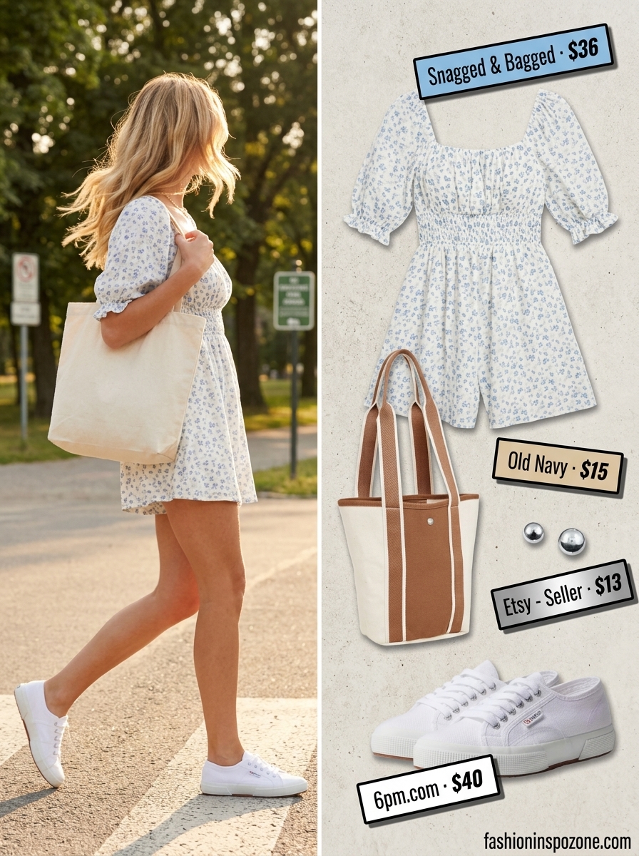 Sky blue floral summer romper outfit for women 2026 with white sneakers, canvas tote, and silver earrings for a picnic.
