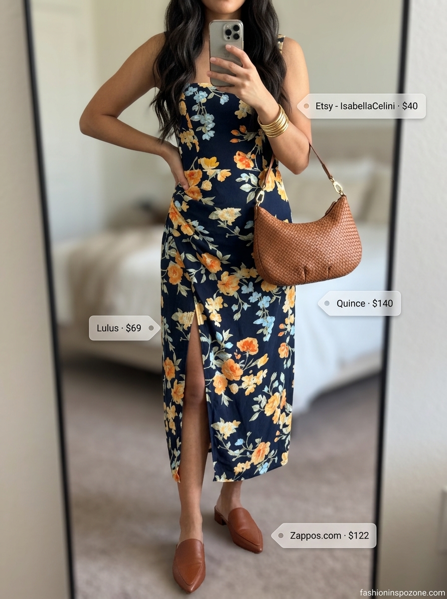 Floral summer sundress 2026: Blue floral linen dress, tan mules for a casual summer day.