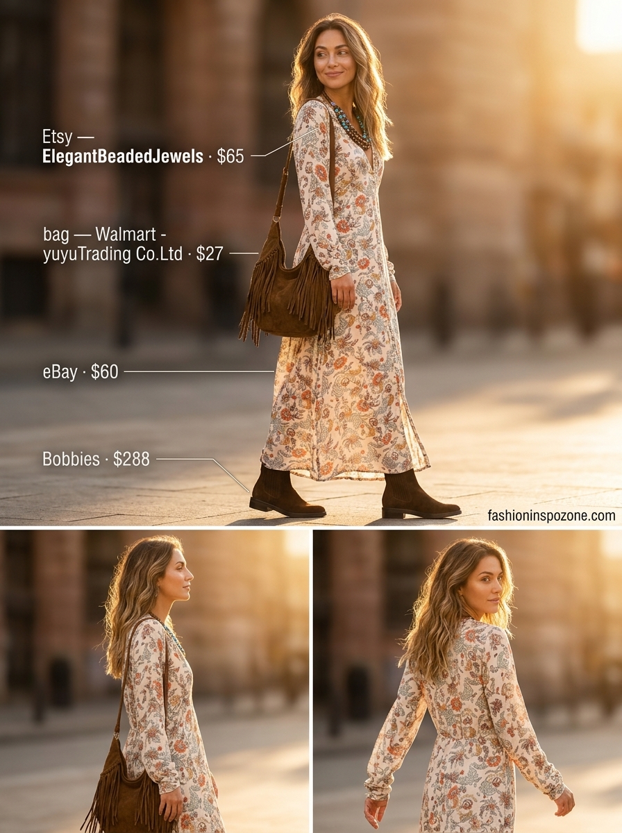 Bohemian floral maxi dress with suede boots for a festival 2026.