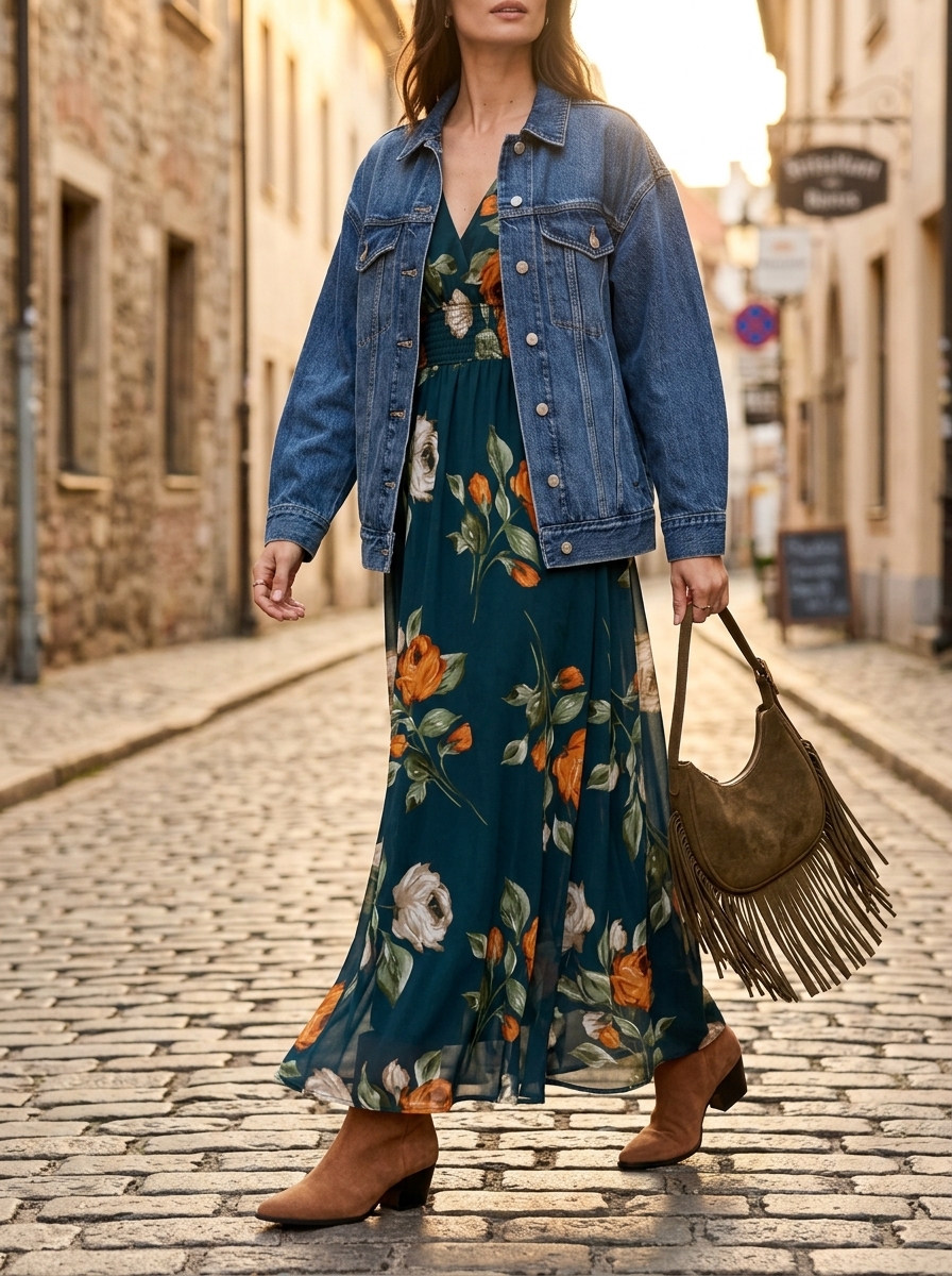 Bohemian casual outfit: earth-toned floral dress, denim jacket, suede ankle boots, and fringe crossbody bag. Floral summer sundresses 2026.