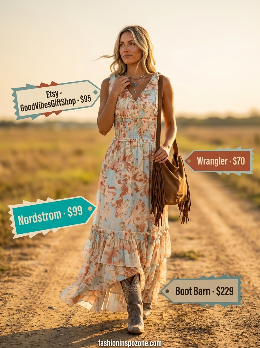 Boho festival outfit with a teal and rust floral maxi dress, cowboy boots, and layered necklaces. Floral summer sundresses 2026.