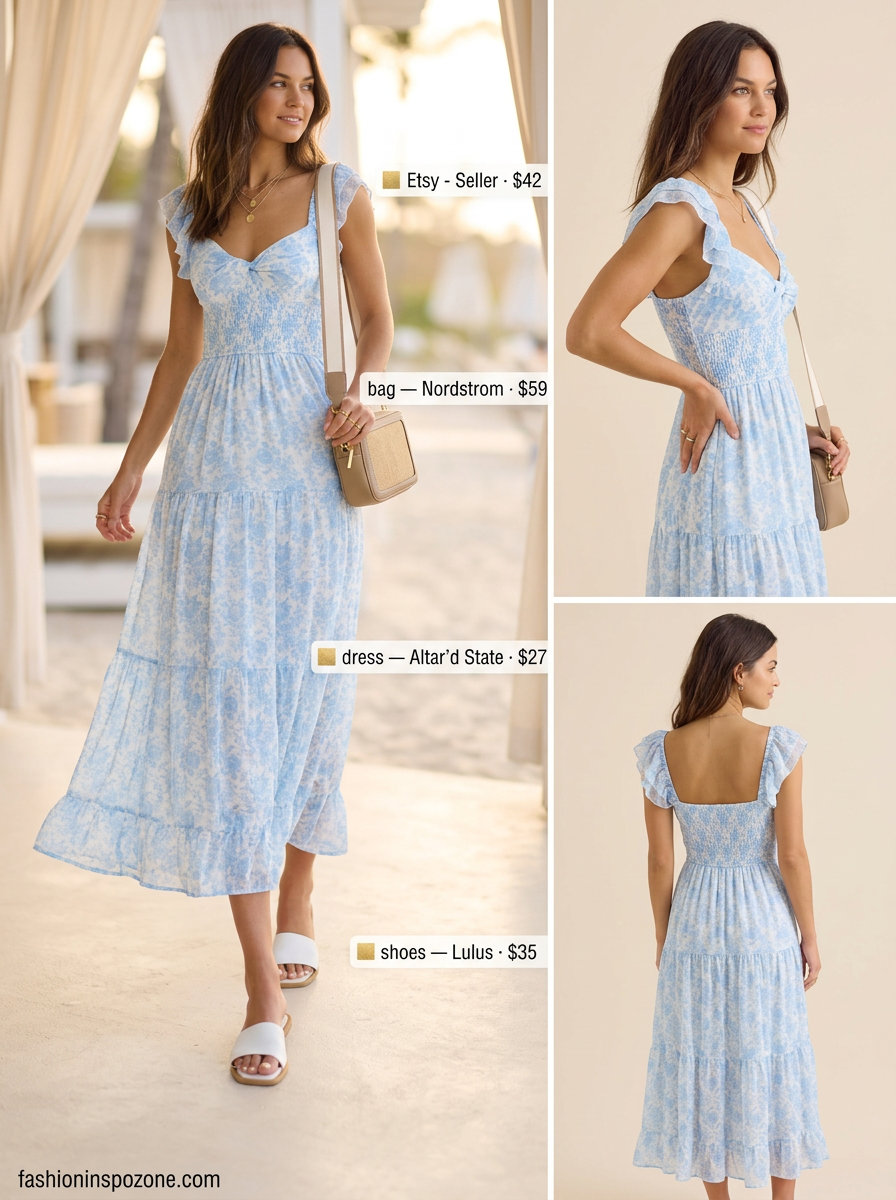 Elegant coastal breeze outfit: blue and white floral maxi dress, woven crossbody bag, gold necklaces, and flat sandals. Floral summer sundresses 2026.